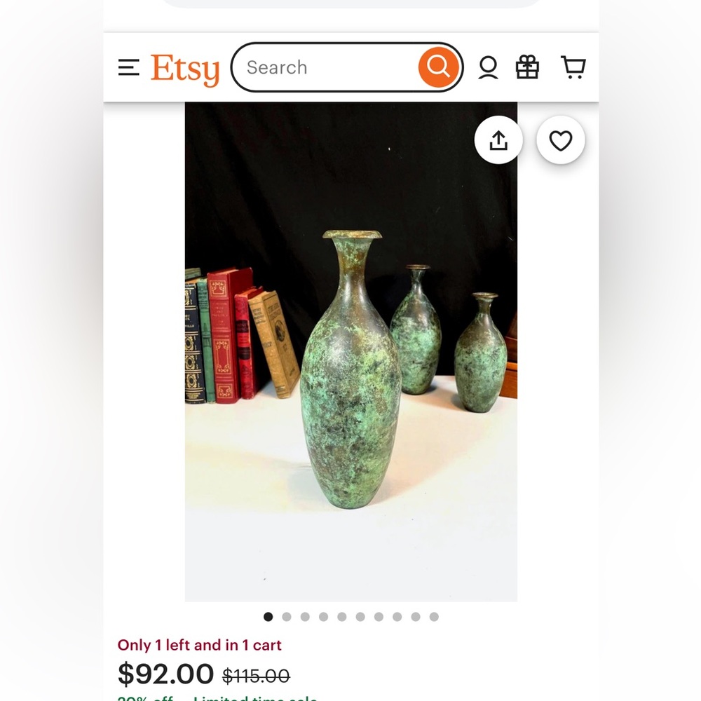 Vintage Green Vertigris metal Vases Set - Picture 6 of 6